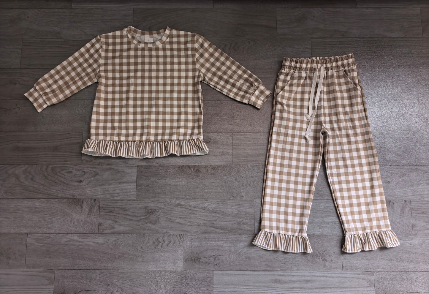 Long sleeves plaid stripe ruffle top pants girls outfits