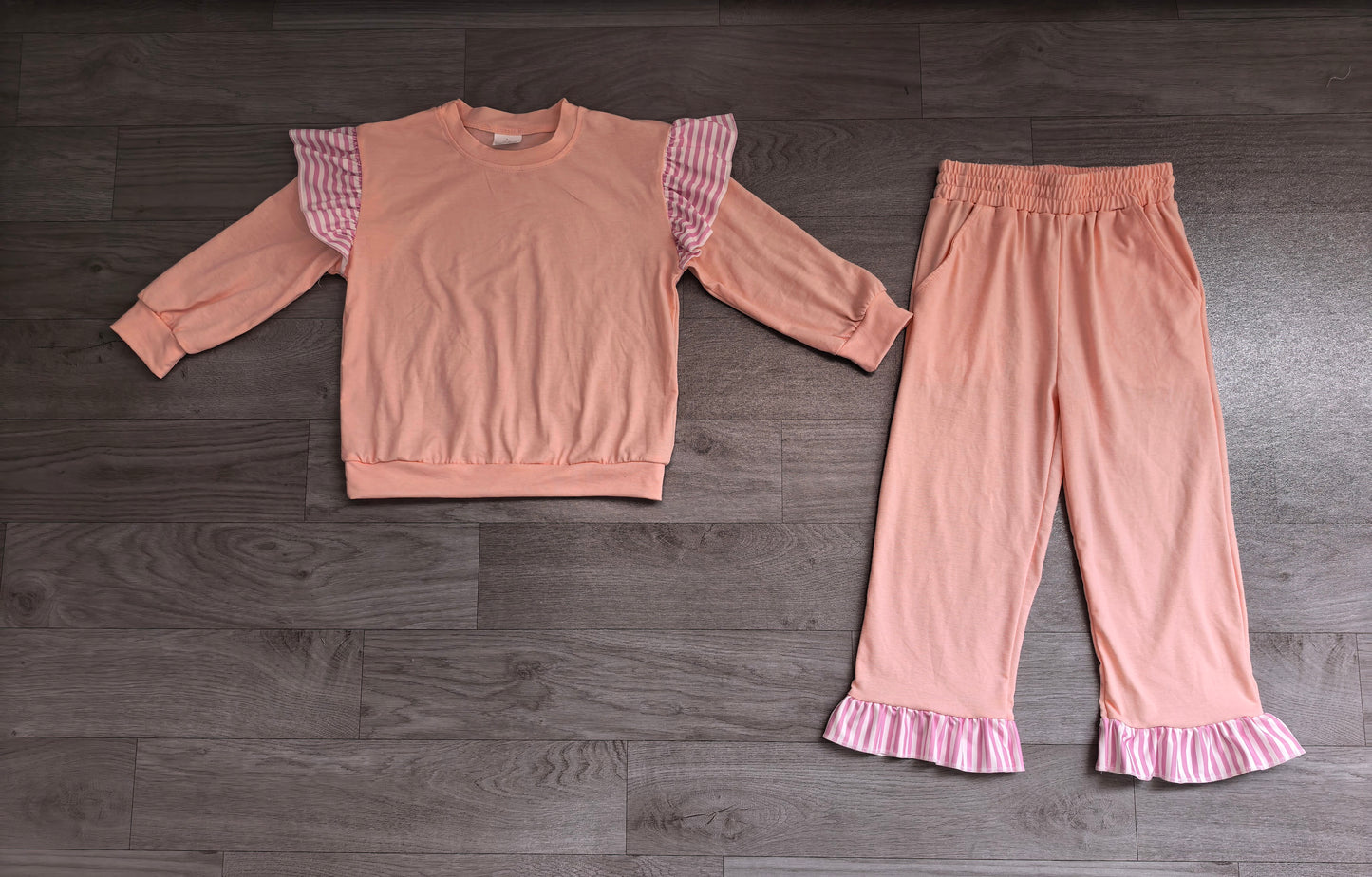 Stripe flutter long sleeves light pink top pants girls outfits