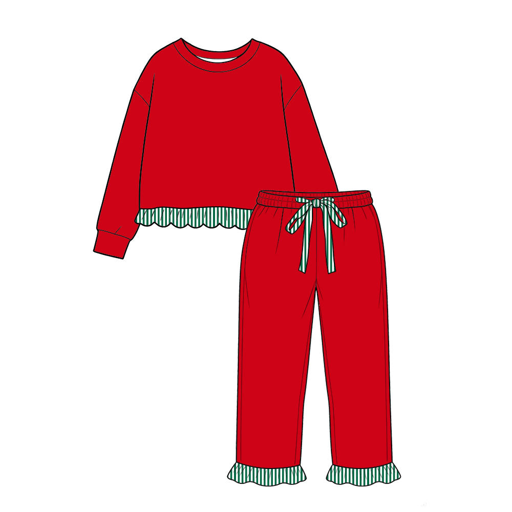 Long sleeves green stripe red top pants girls Christmas outfit