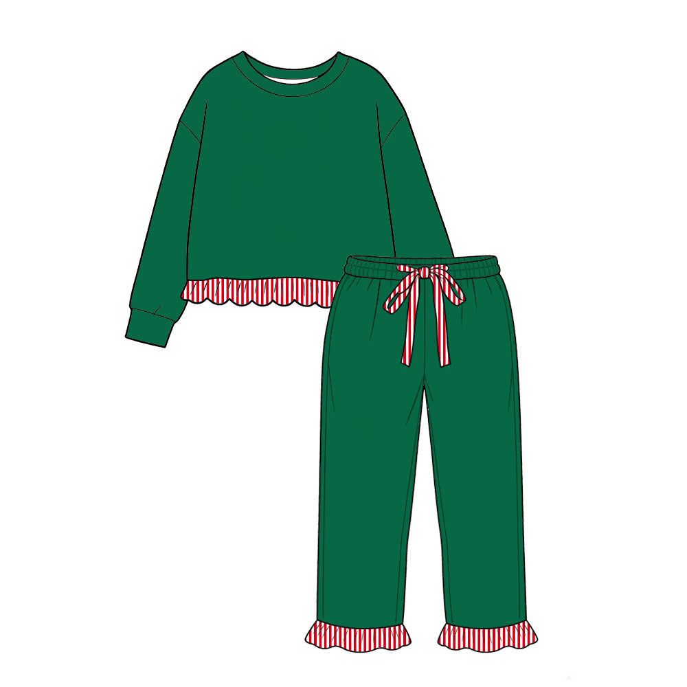 Long sleeves red stripe green top pants girls Christmas outfit