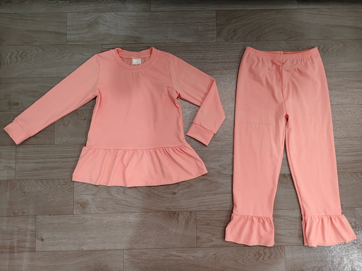 Long sleeves pink peplum top ruffle pants girls outfits