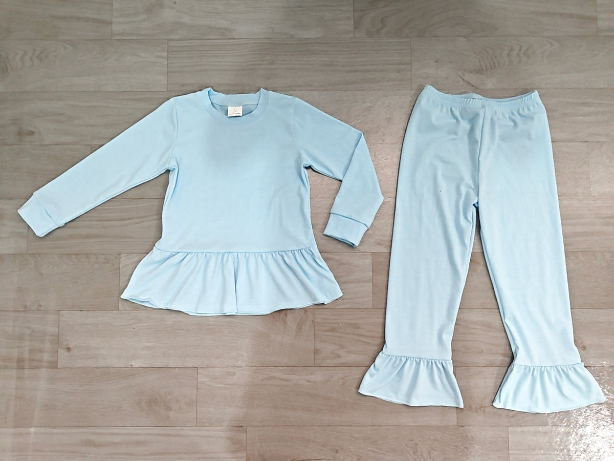 Long sleeves light blue peplum top ruffle pants girls outfits