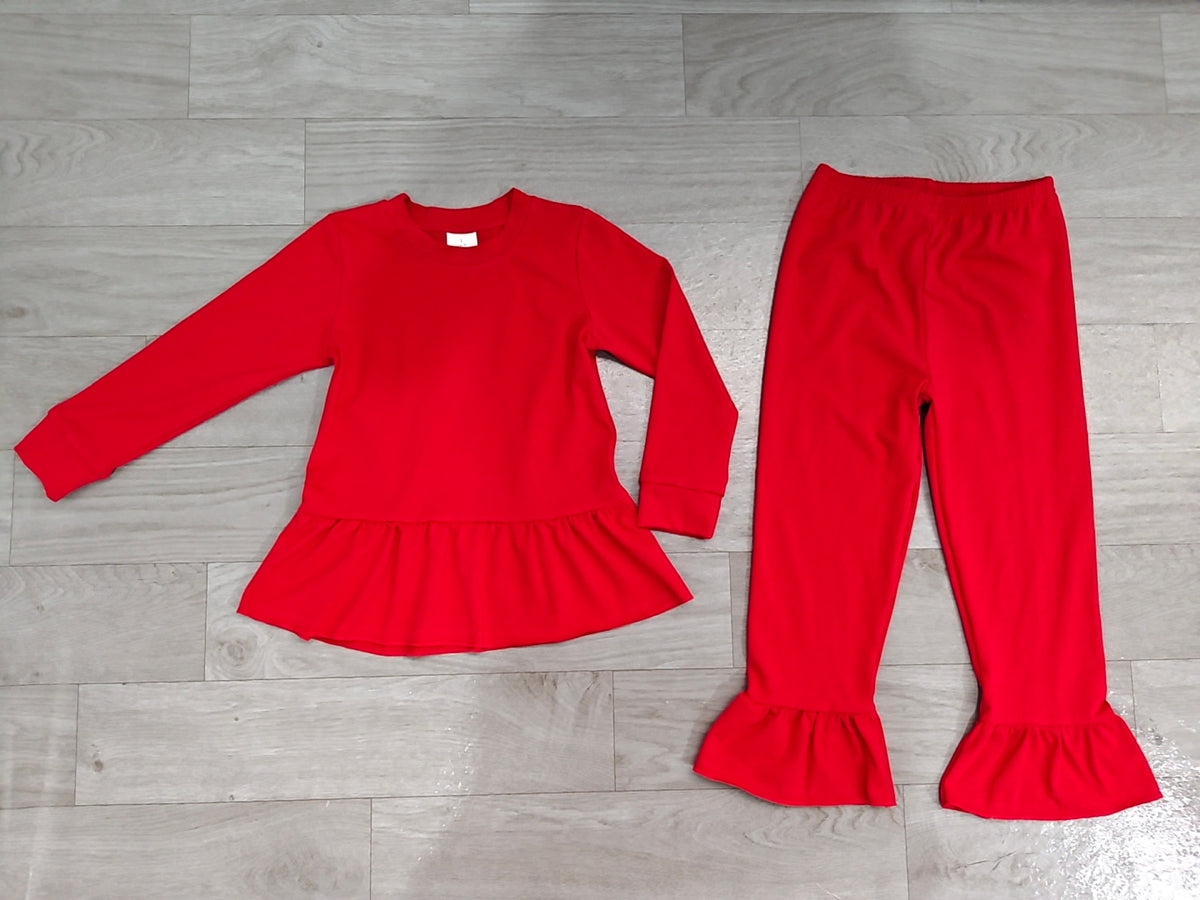 Long sleeves red peplum top ruffle pants girls outfits