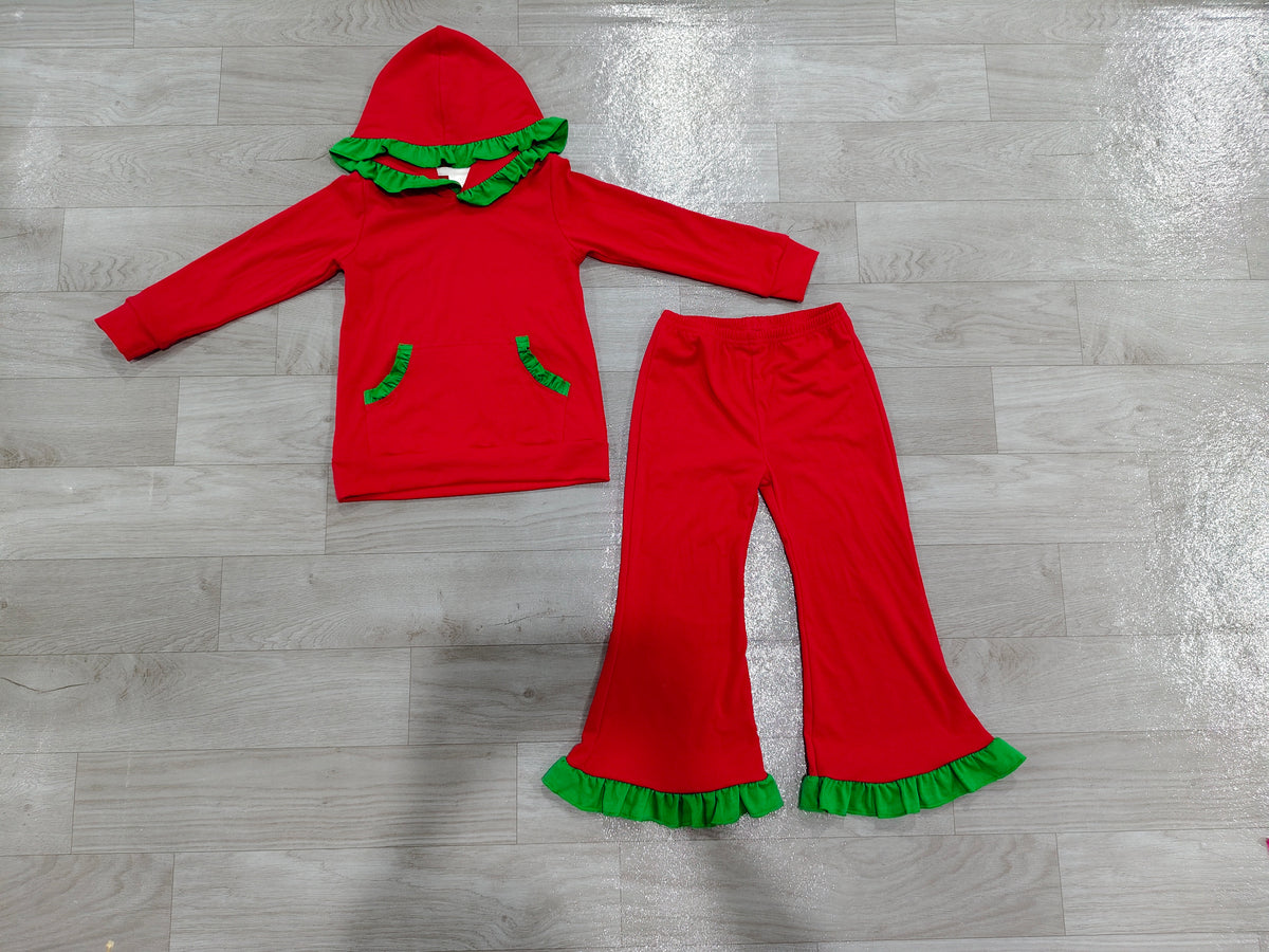 Green ruffle hoodie red pocket girls Christmas outfits
