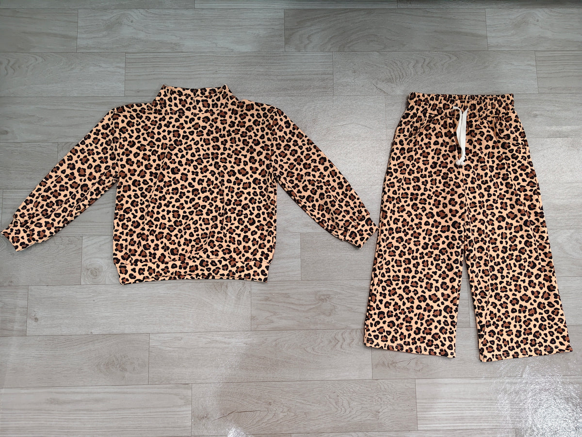 Leopard long sleeves top pants kids girls outfits