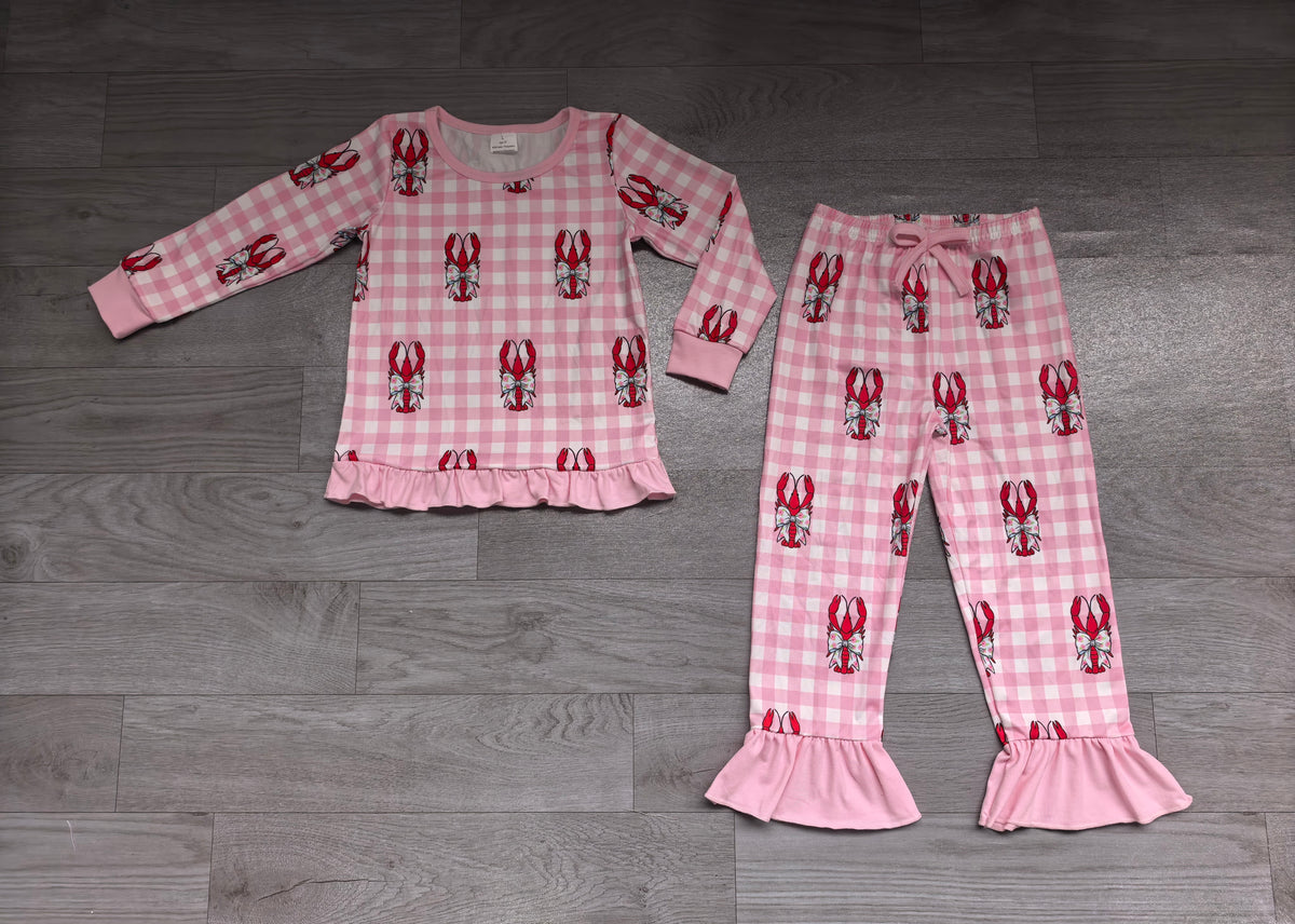 Long sleeves plaid crawfish bow top pants girls outfits
