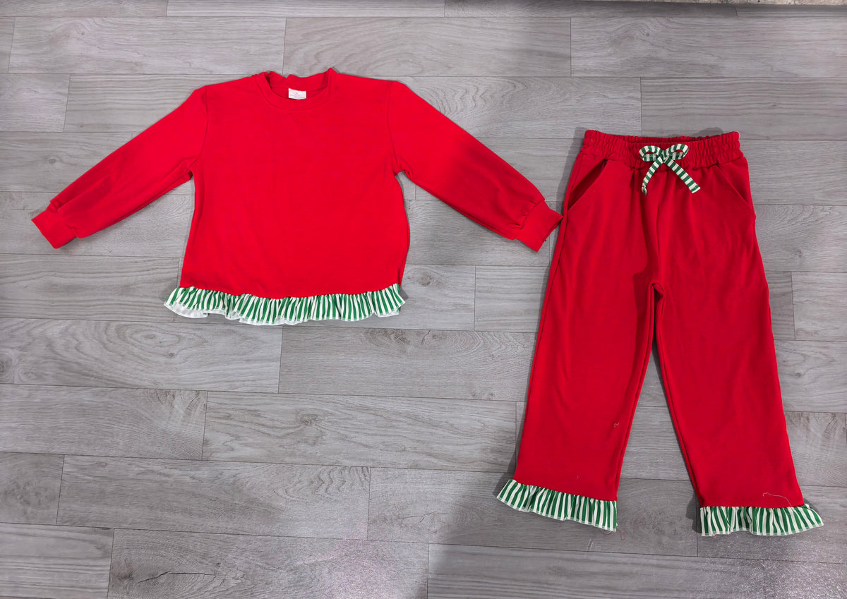 Long sleeves green stripe red top pants girls Christmas outfit
