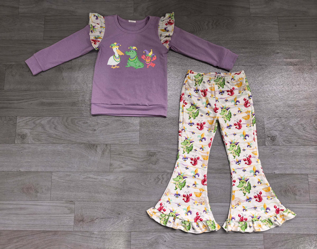 Pelican crocodile crawfish embroidery girls Mardi Gras set