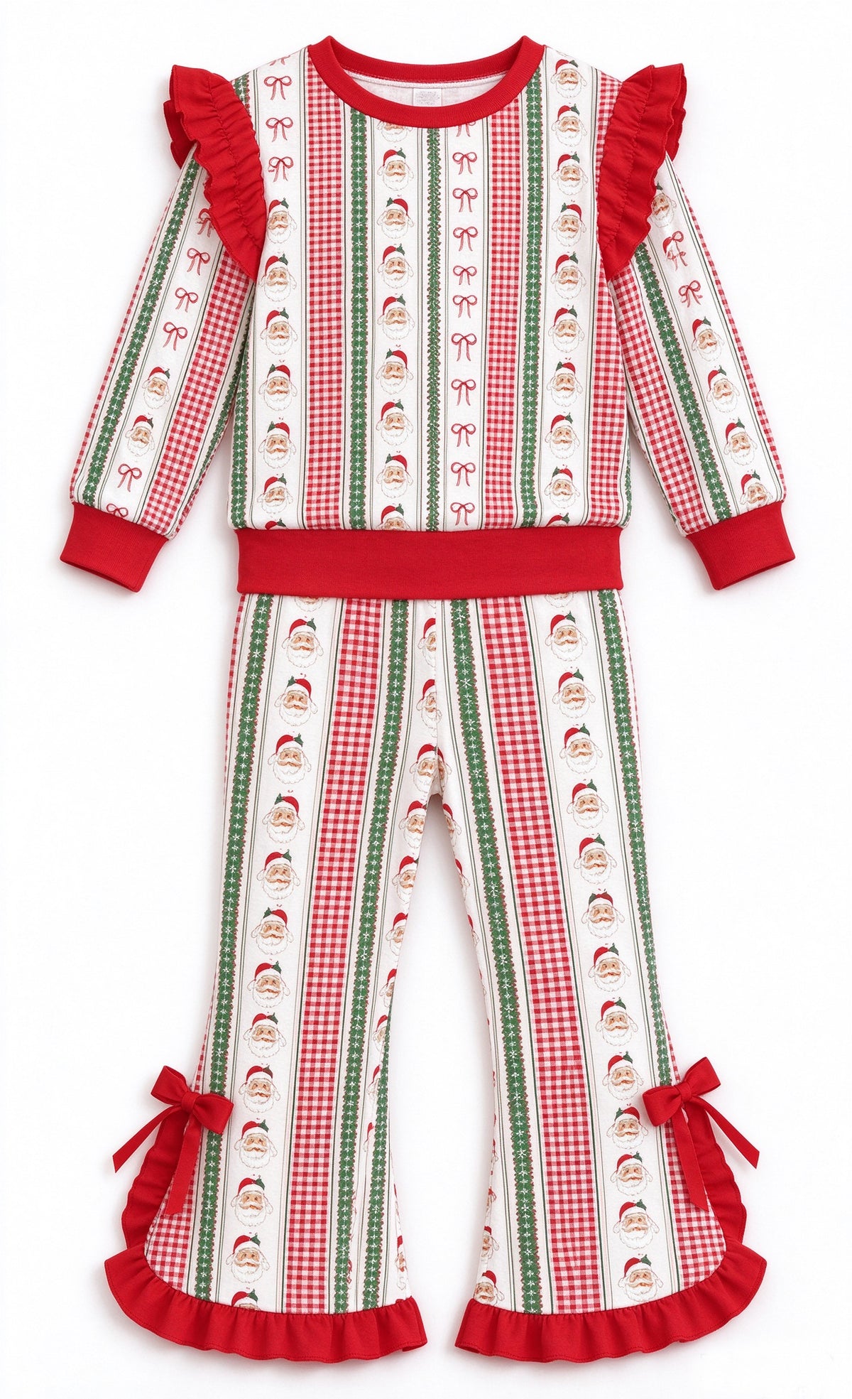 Santa bow plaid top pants girls Christmas outfits