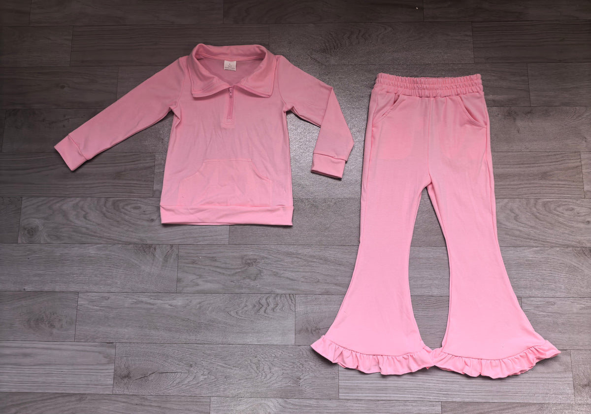 Pink pocket zipper pullover flare pants girls outfits