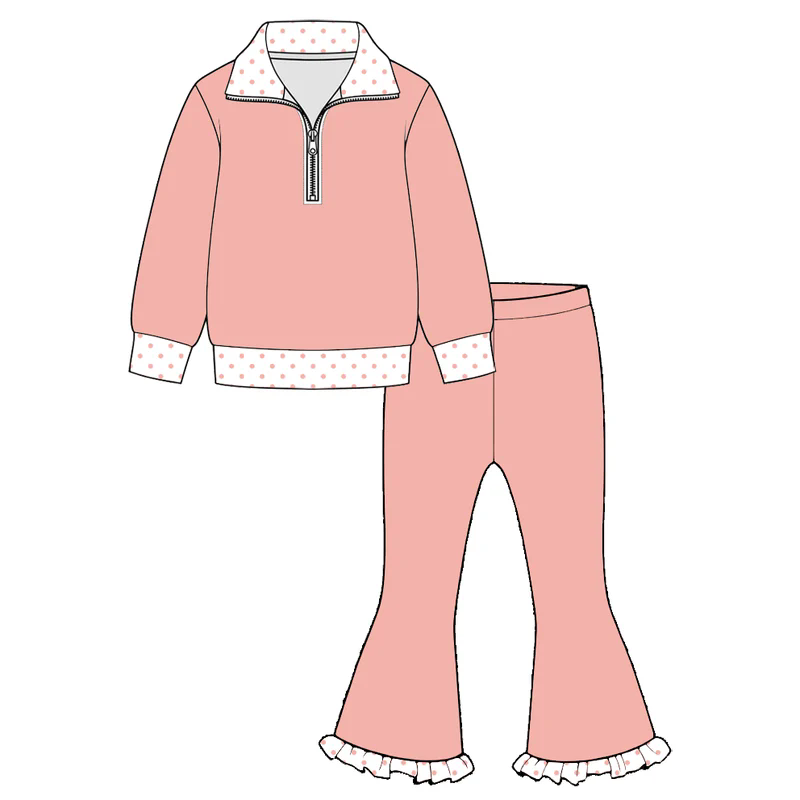 Peach polka dots zipper pullover pants girls outfits