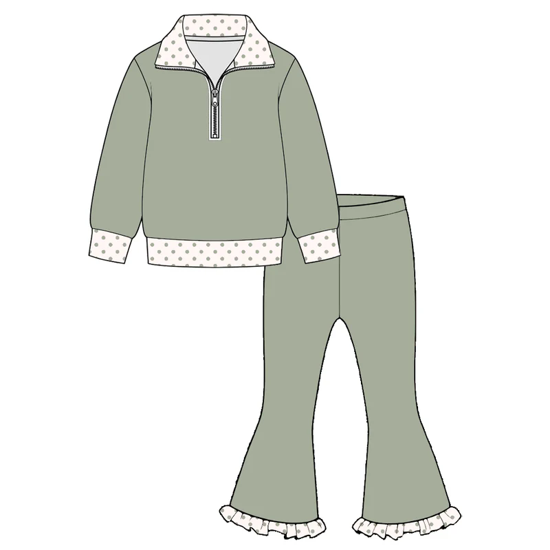 Green leopard zipper pullover pants girls outfits