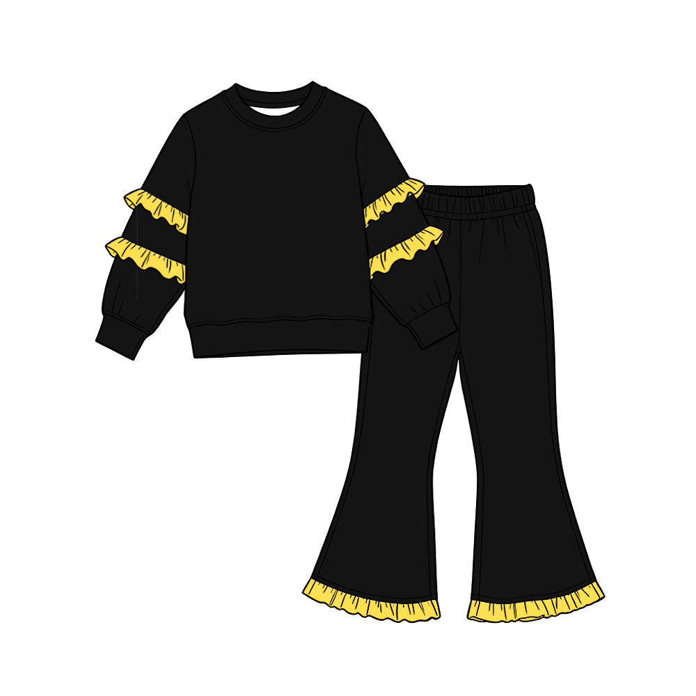 Black cotton yellow ruffle top flare pants girls outfits