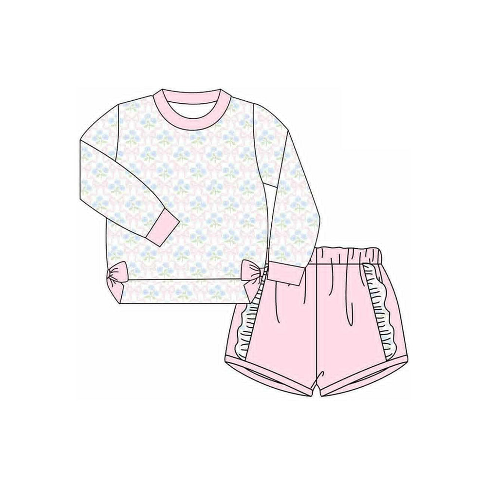 Long sleeves floral pink bow top light blue shorts girls clothes