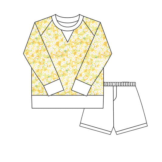 small yellow flowers print yoga top match white shorts