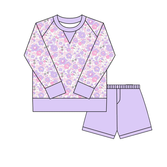 purple flowers print yoga top match purple shorts girl set