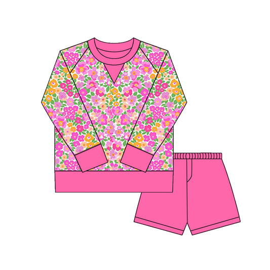 small flowers print yoga top match hot pink shorts girl set
