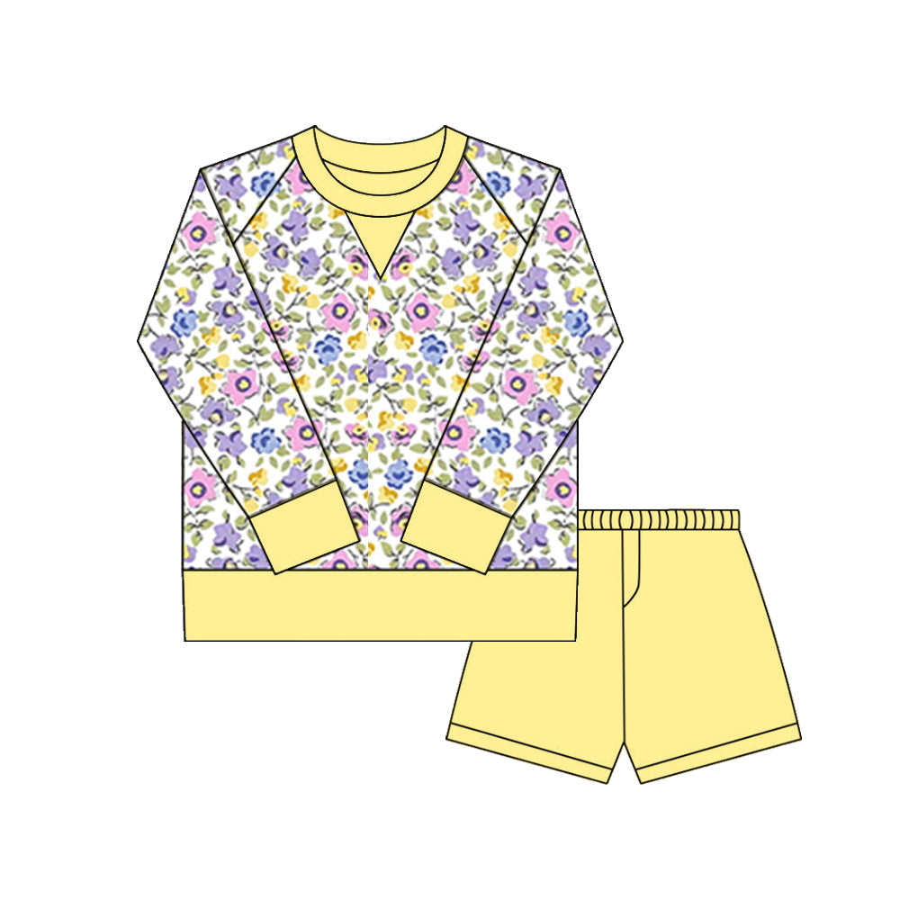 yellow flowers print yoga top match yellow shorts girl set