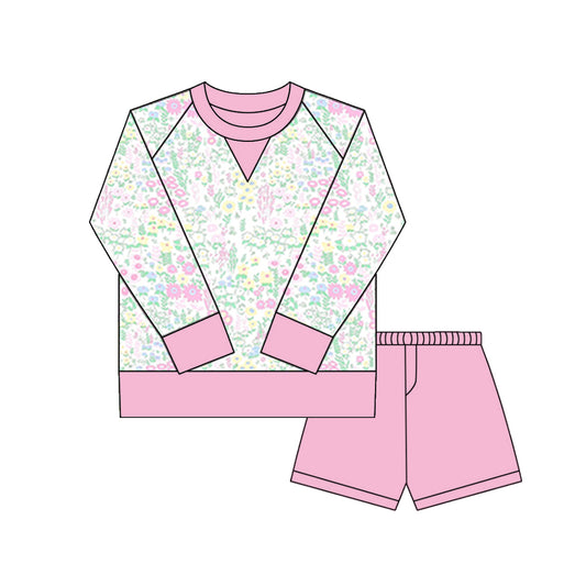 small flowers print yoga top match pink shorts girl set