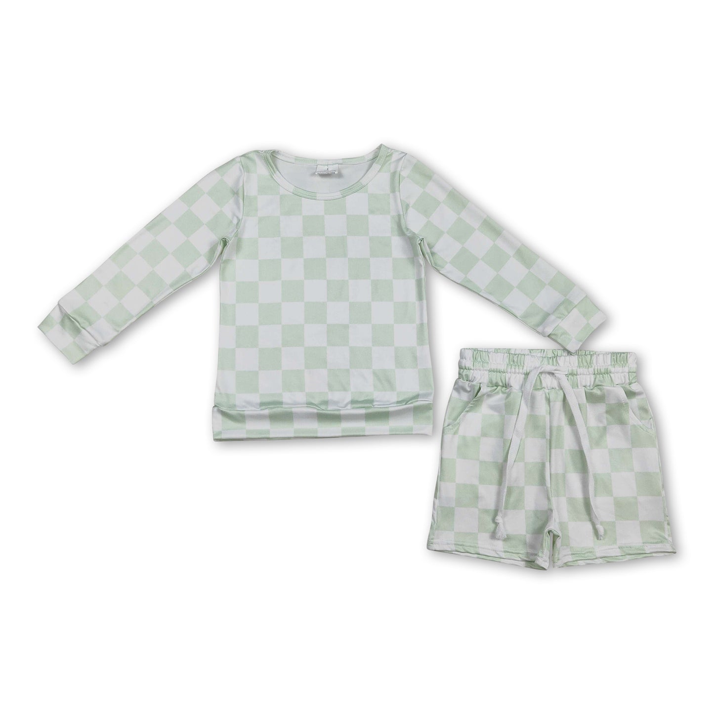 Long sleeves plaid top shorts kids girls clothing set
