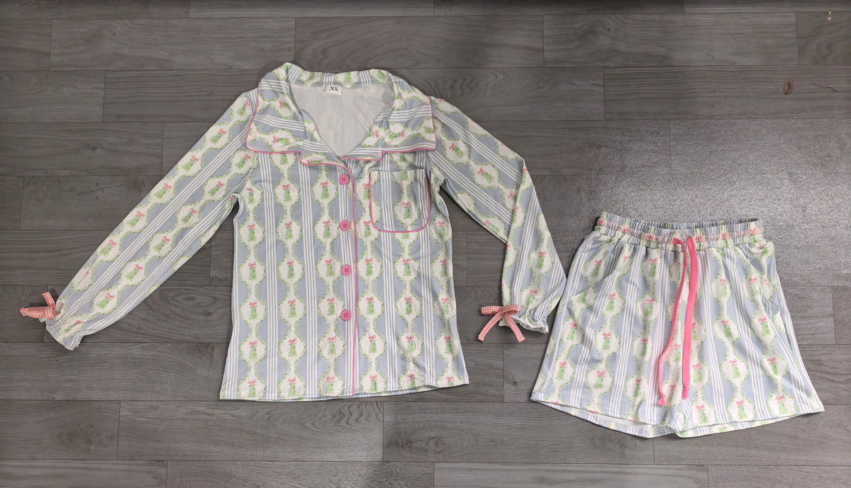 Christmas tree bow button down top shorts women pjs set