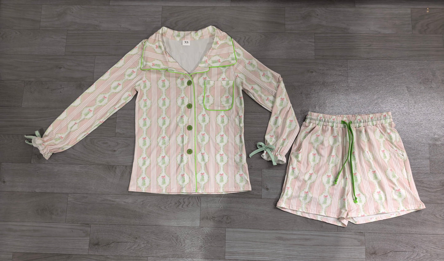 Pink Christmas tree bow button down women pjs set