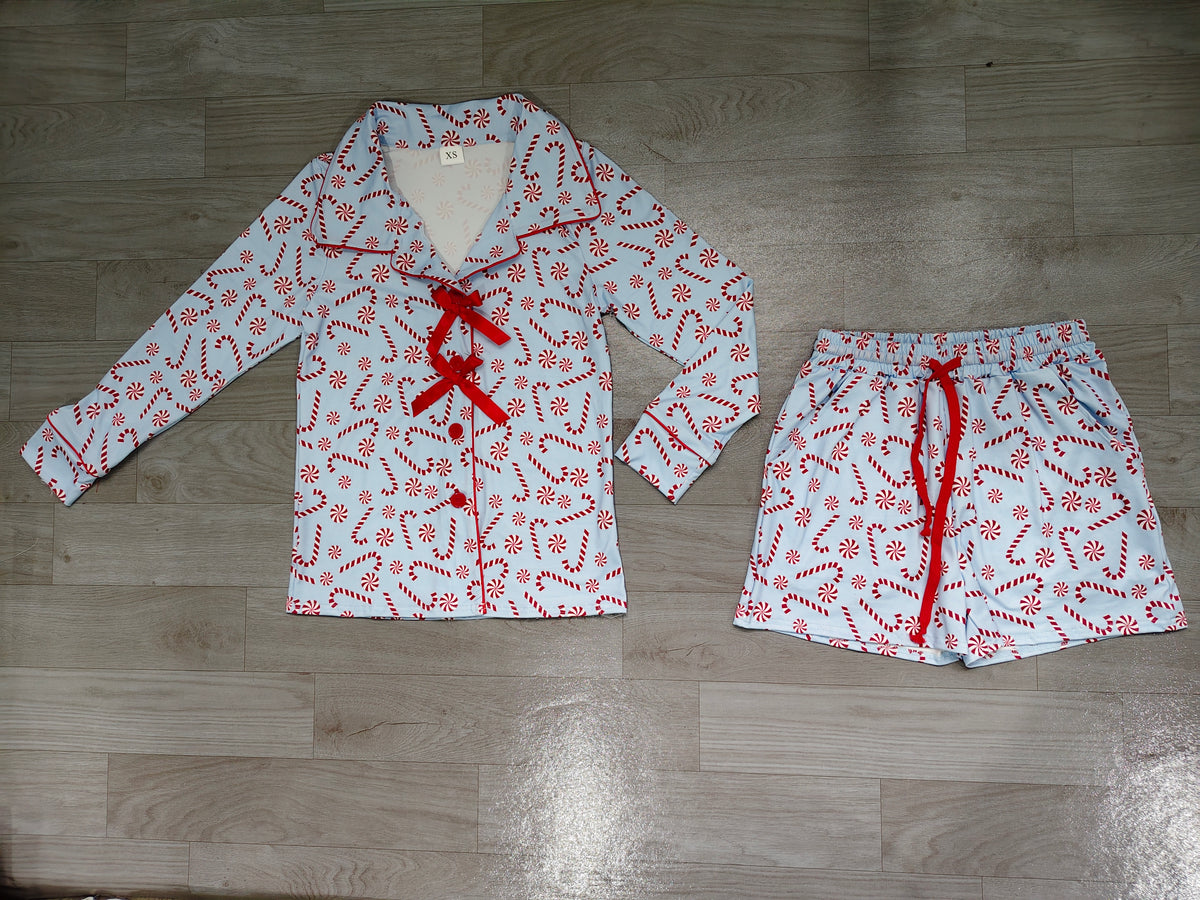 Candy cane button down women Christmas pjs set