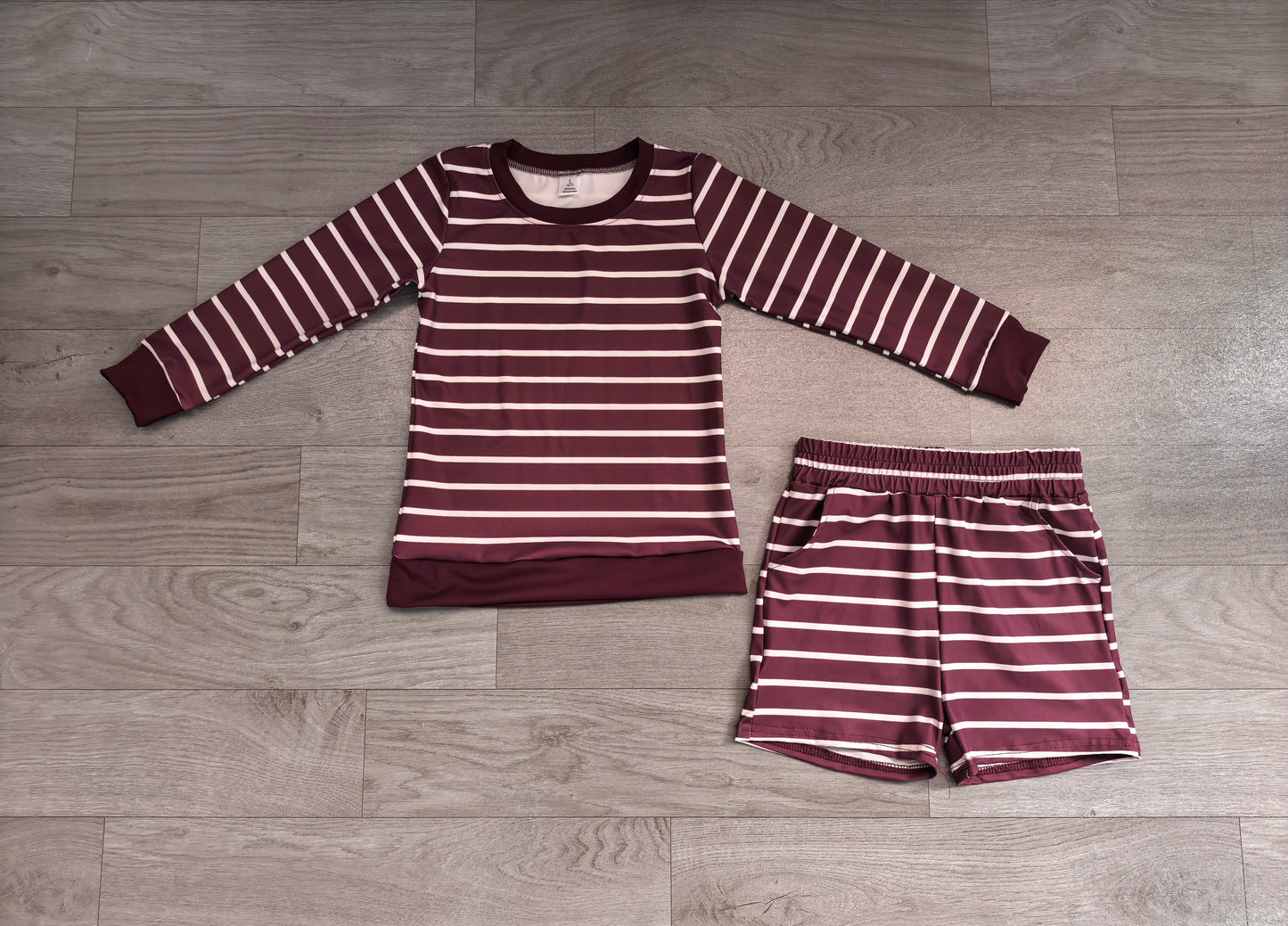 Wine red stripe long sleeves top shorts girls active wear set