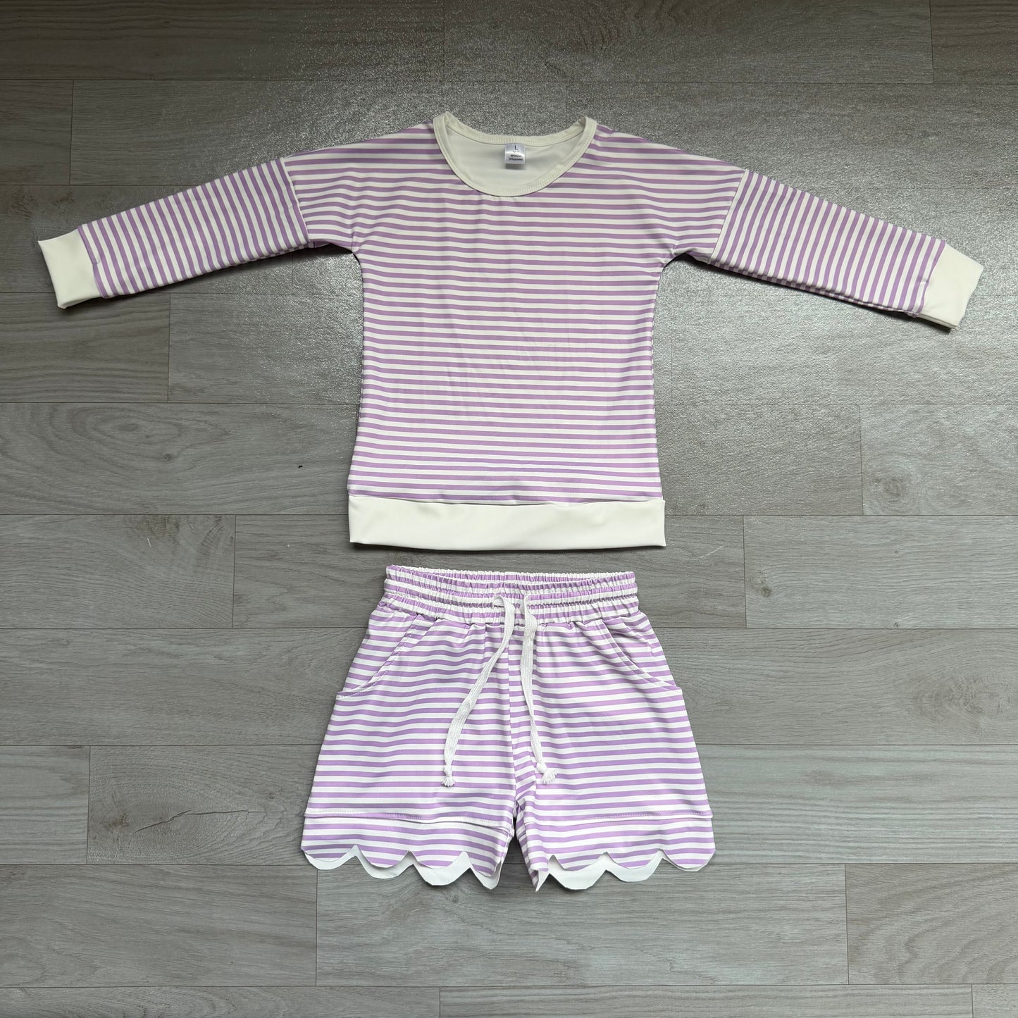 Lavender stripe top scallop shorts girls active wear set