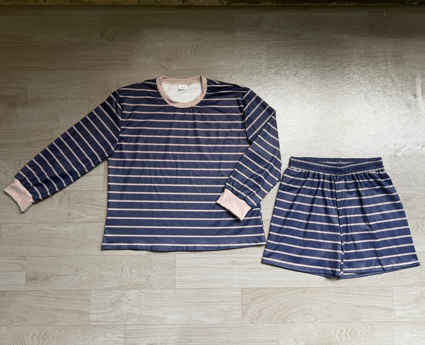 Navy stripe long sleeves top shorts women active wear set