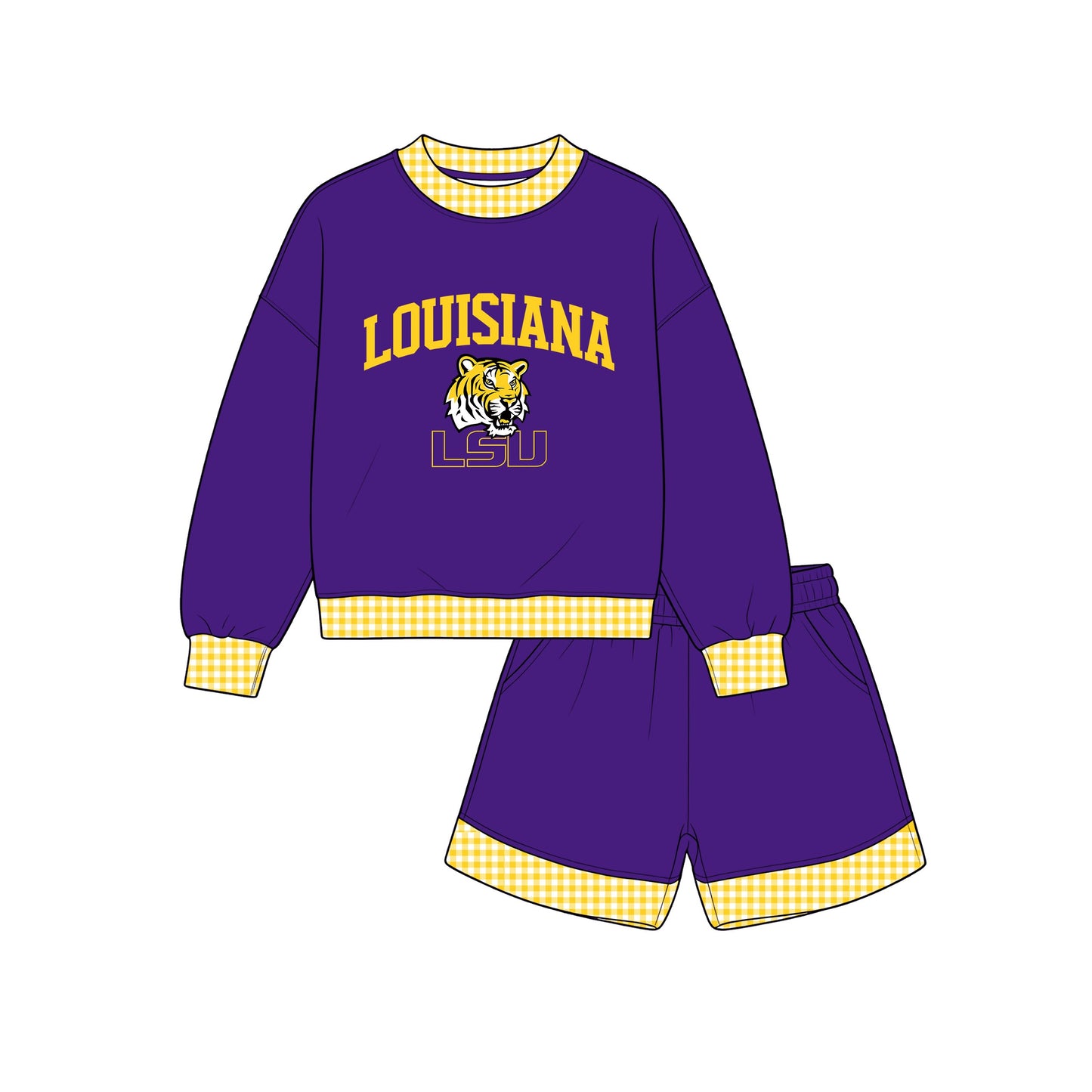 Long sleeves purple tiger vinyl top shorts girls team outfits