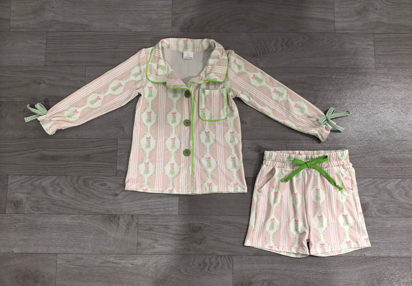Pink Christmas tree bow button down kids girls pjs set