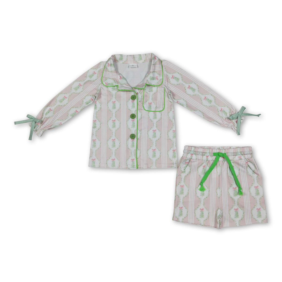Pink Christmas tree bow button down kids girls pjs set