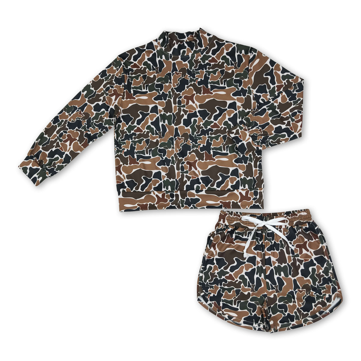Brown camo long sleeves top shorts women active wear set