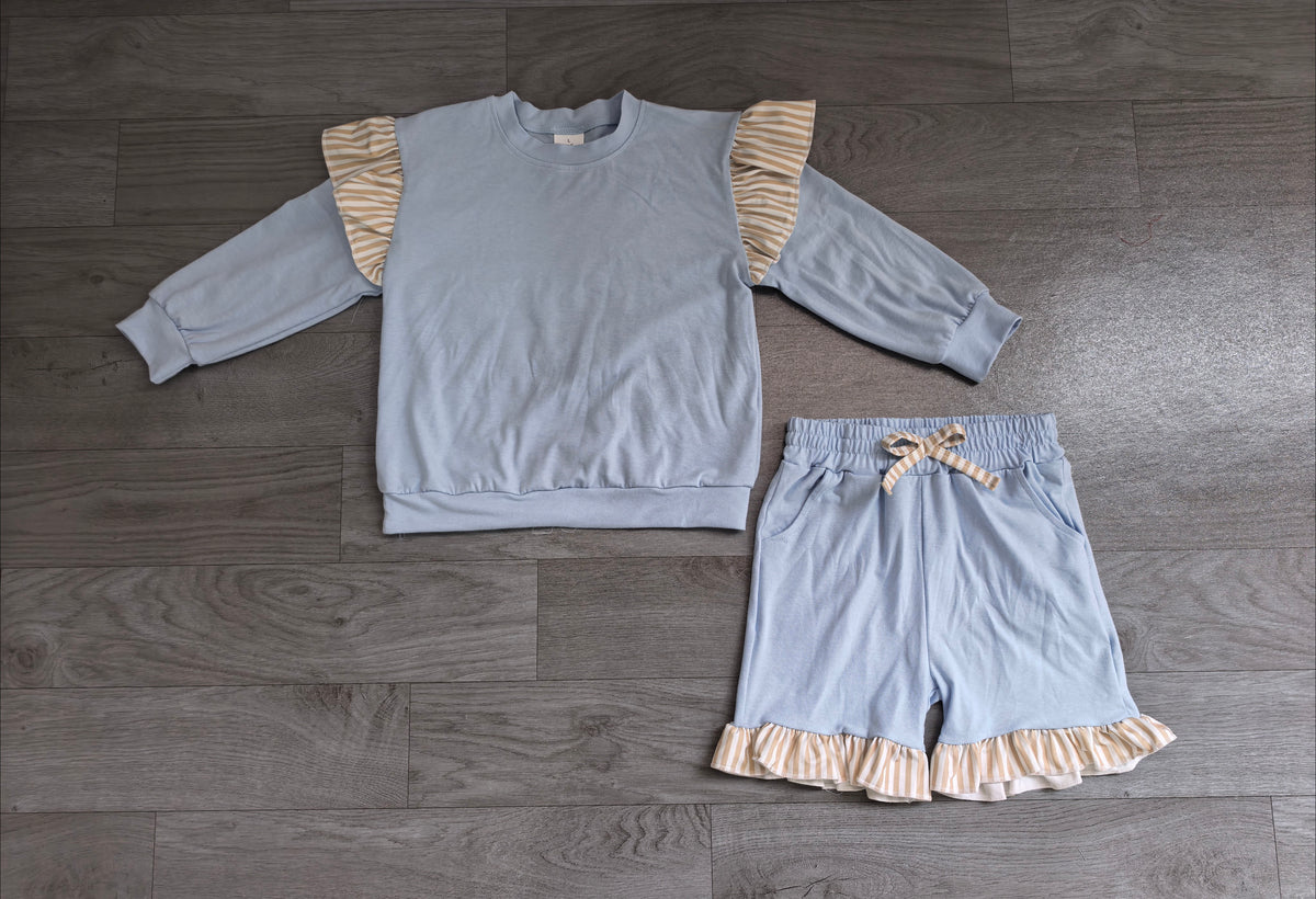 Flutter long sleeves light blue cotton top shorts girls outfits