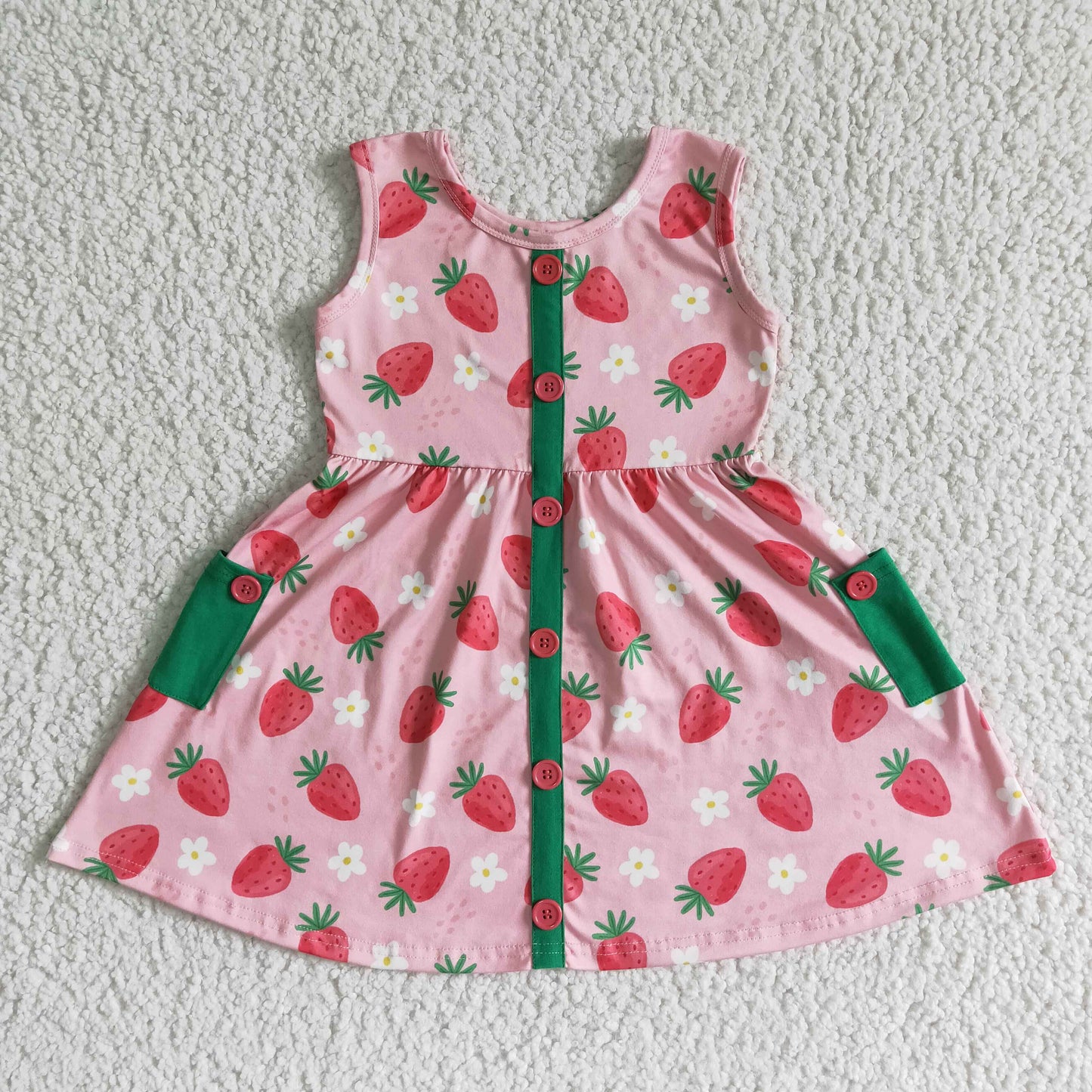 Strawberry sleeveless pocket twirl girls dress
