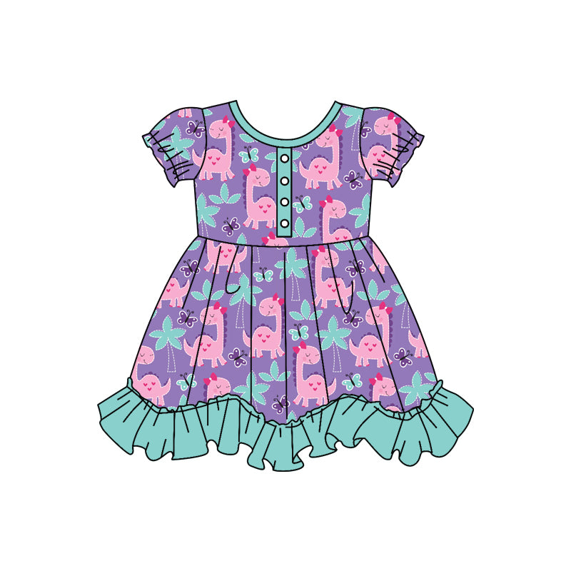 Short sleeves dinosaur ruffle baby girls dresses