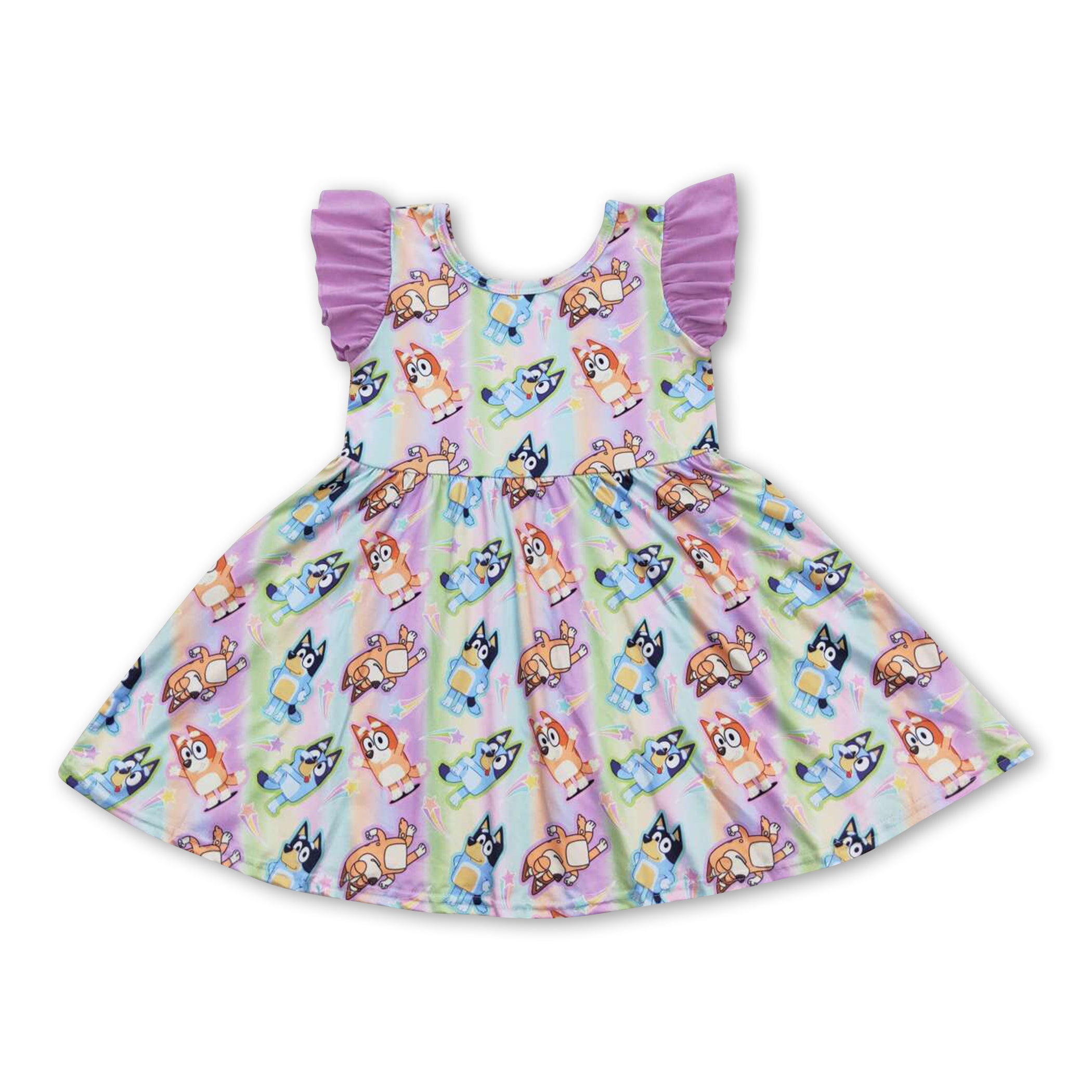 Summer Arrival Animals Cartoon Pattern Short Sleeves Striped Dress for Stylish Girls