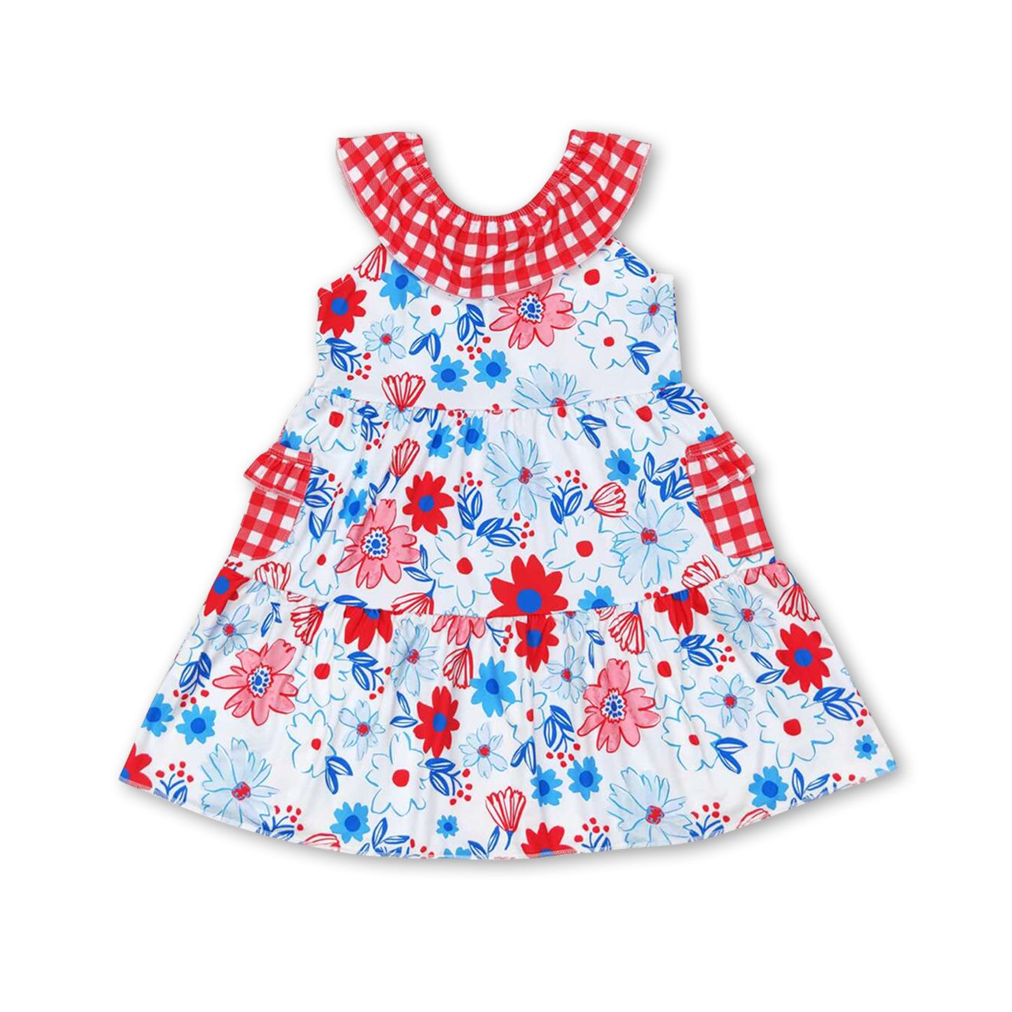 Plaid pocket red blue floral girls 4th of july dresses