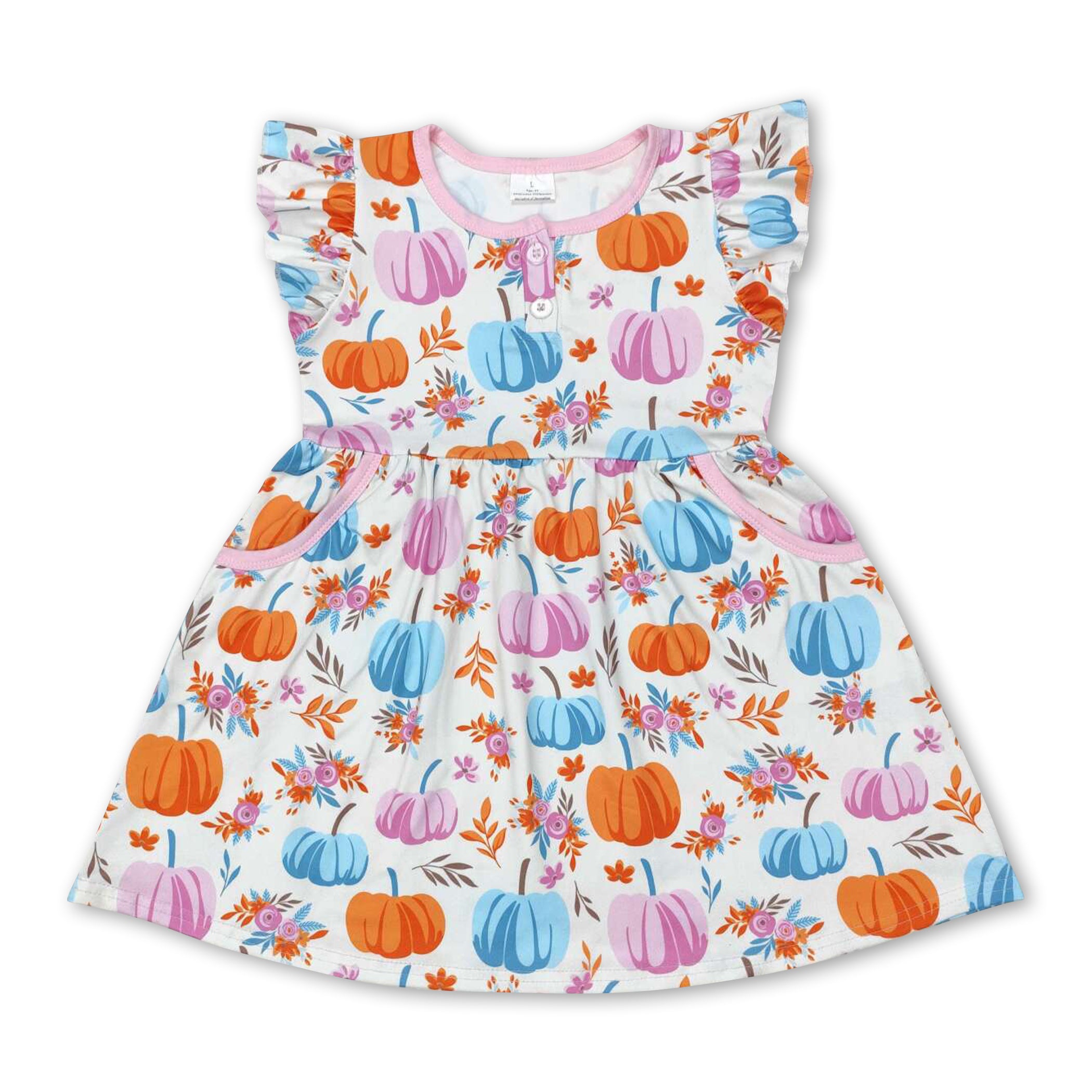 Flutter sleeves pumpkin floral pocket kids girls fall dress – Western