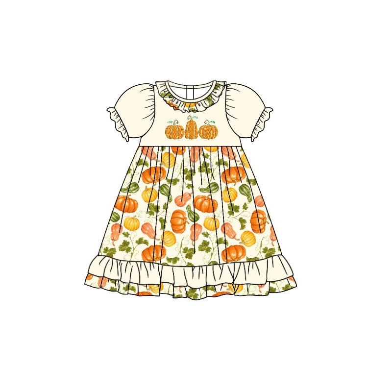 Short sleeves pumpkin ruffle girls fall dresses – Western Kids Clothes