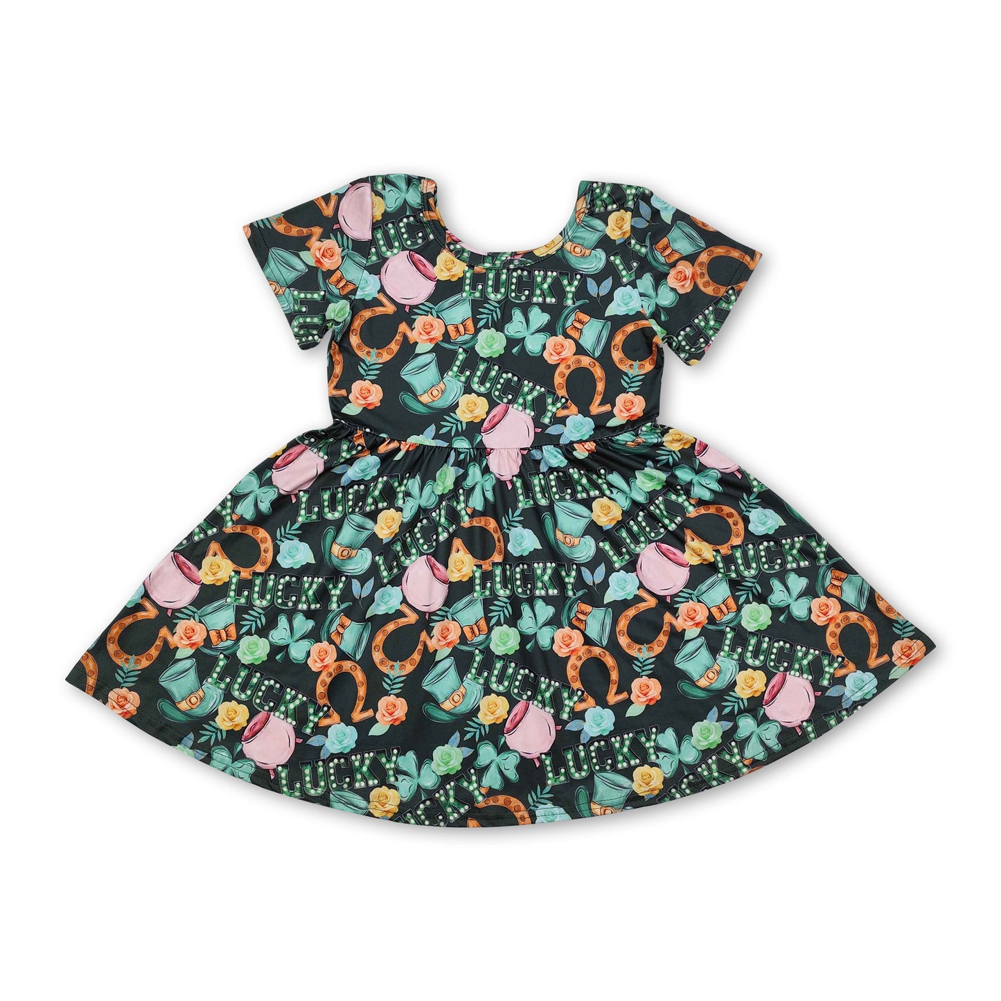 Green short sleeves clover lucky girls St Patrick's day dress