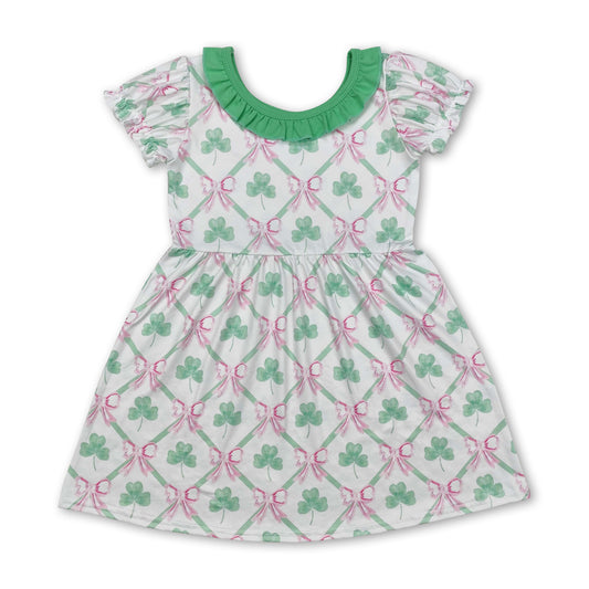 Short sleeves shamrock bow kids girls St Patrick's dresses