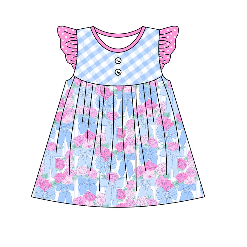 Flutter sleeves plaid floral bow baby girls dresses
