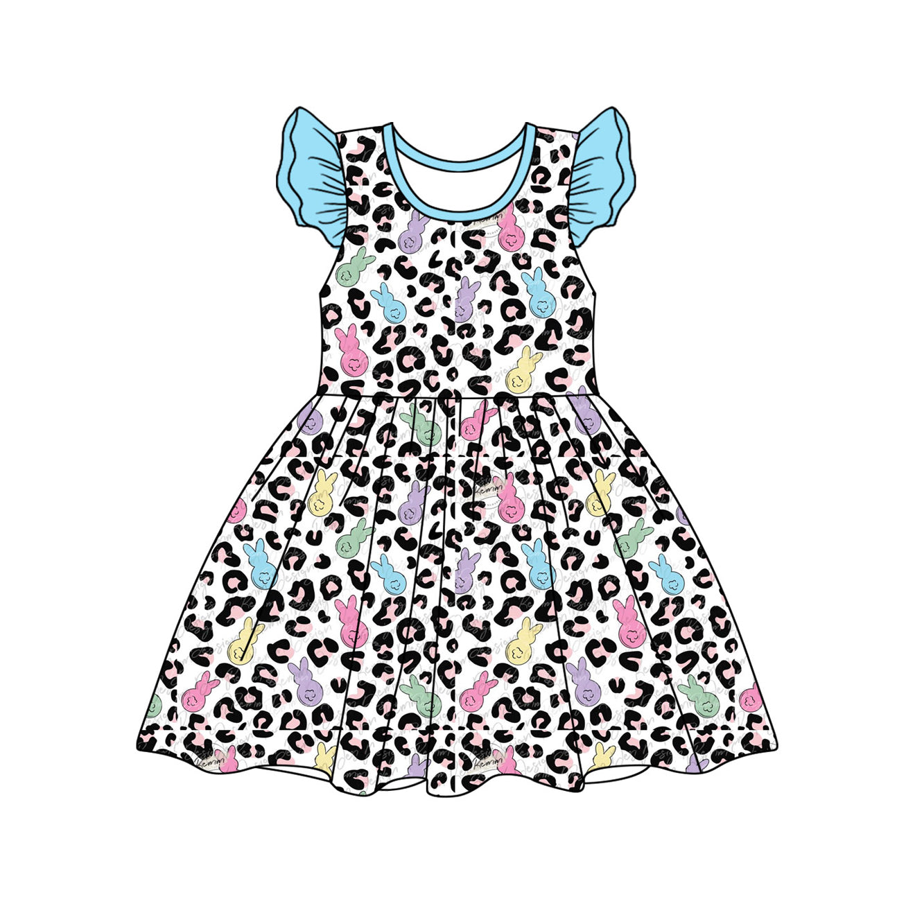 Flutter sleeves leopard bunny baby girls Easter dresses