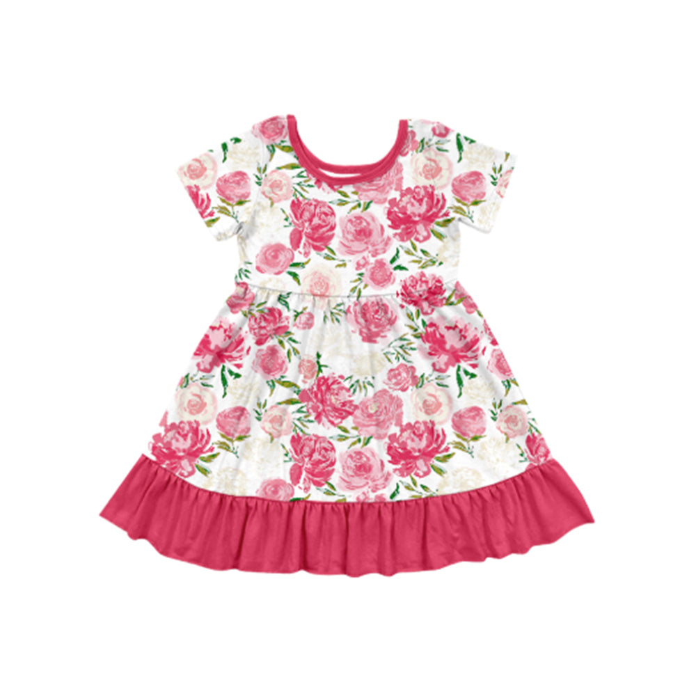 Pink short sleeves ruffle floral baby girls dresses