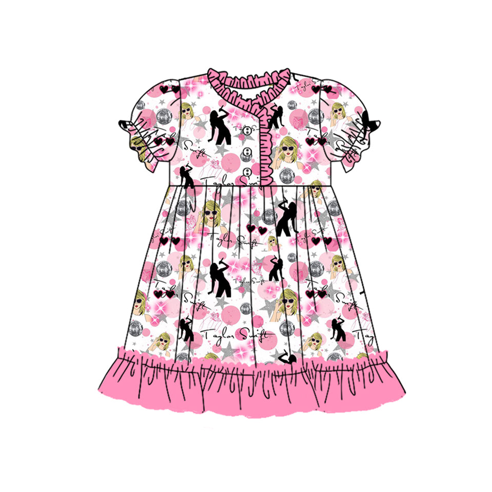 Short sleeves pink stars bubble ruffle singer girls night dress