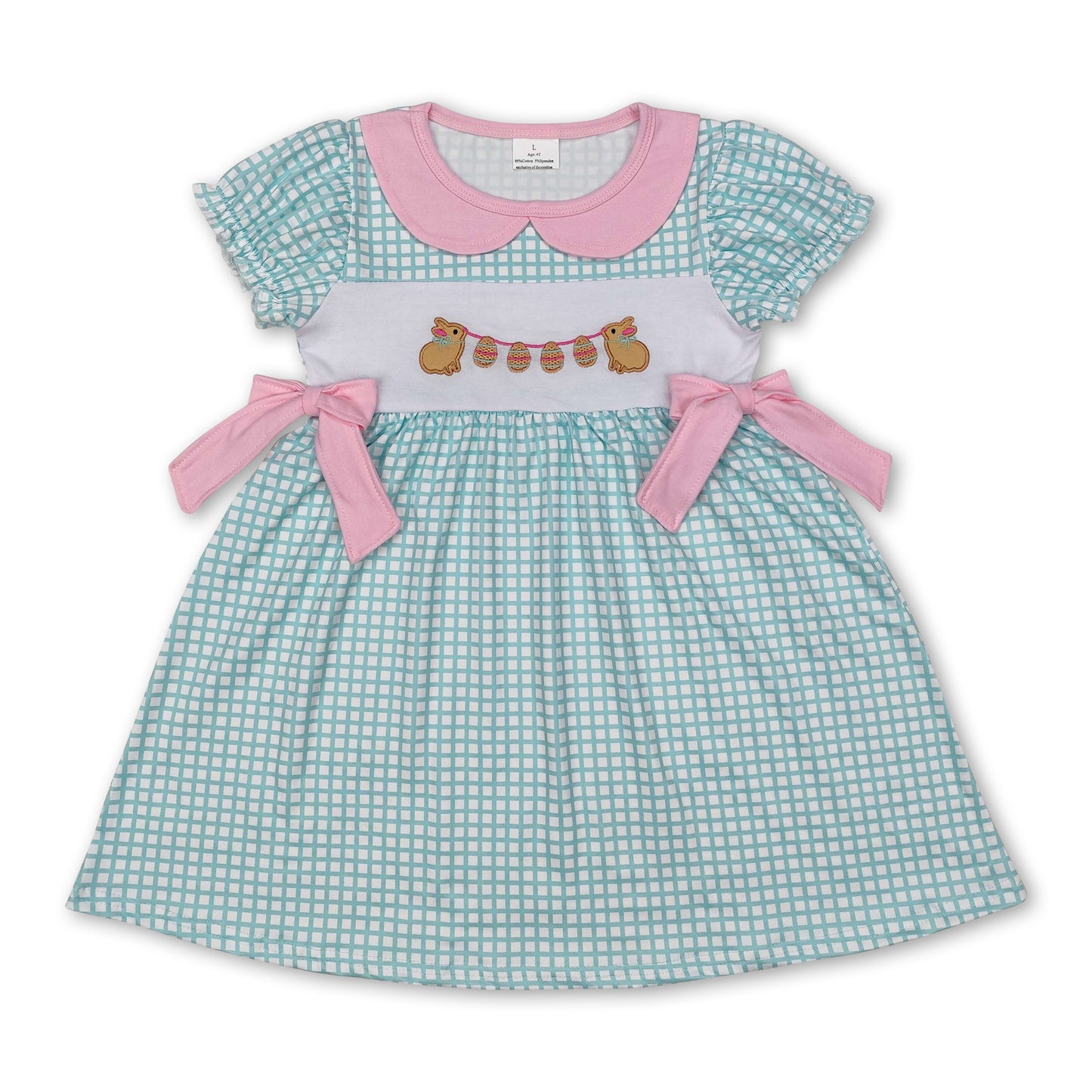 Short sleeves plaid bunny eggs bow girls Easter dress