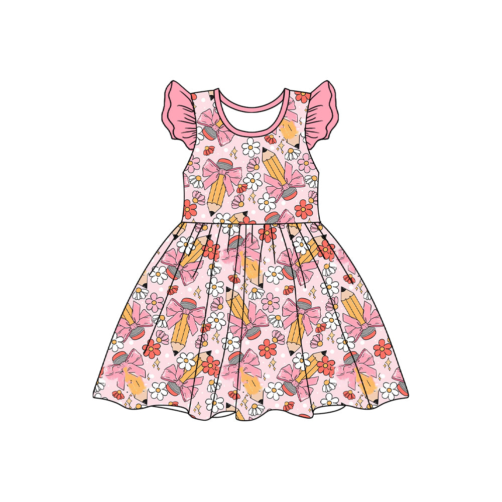Flutter sleeves floral pencil bow girls back to school dress