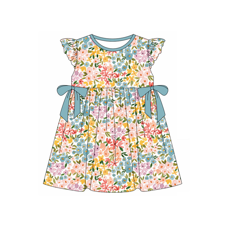 Flutter sleeves floral bow baby girls spring summer dress